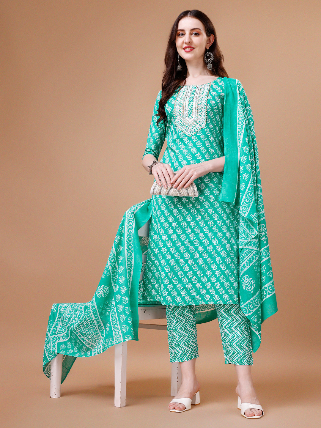 Embroidered & Floral Printed Kurta With Pant & Dupatta, Multicolor - Hiral Fashion