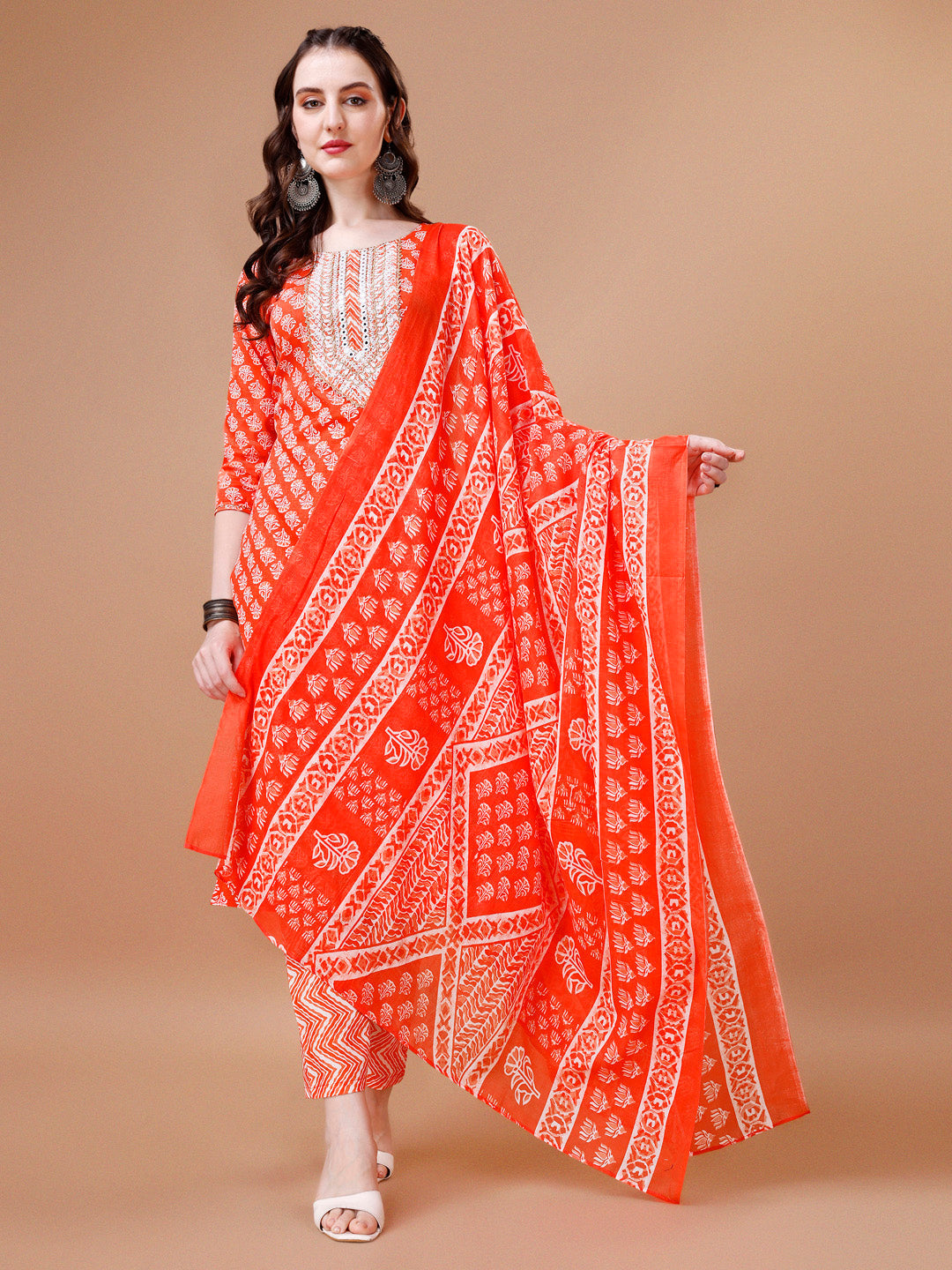 Embroidered & Floral Printed Kurta With Pant & Dupatta, Multicolor - Hiral Fashion