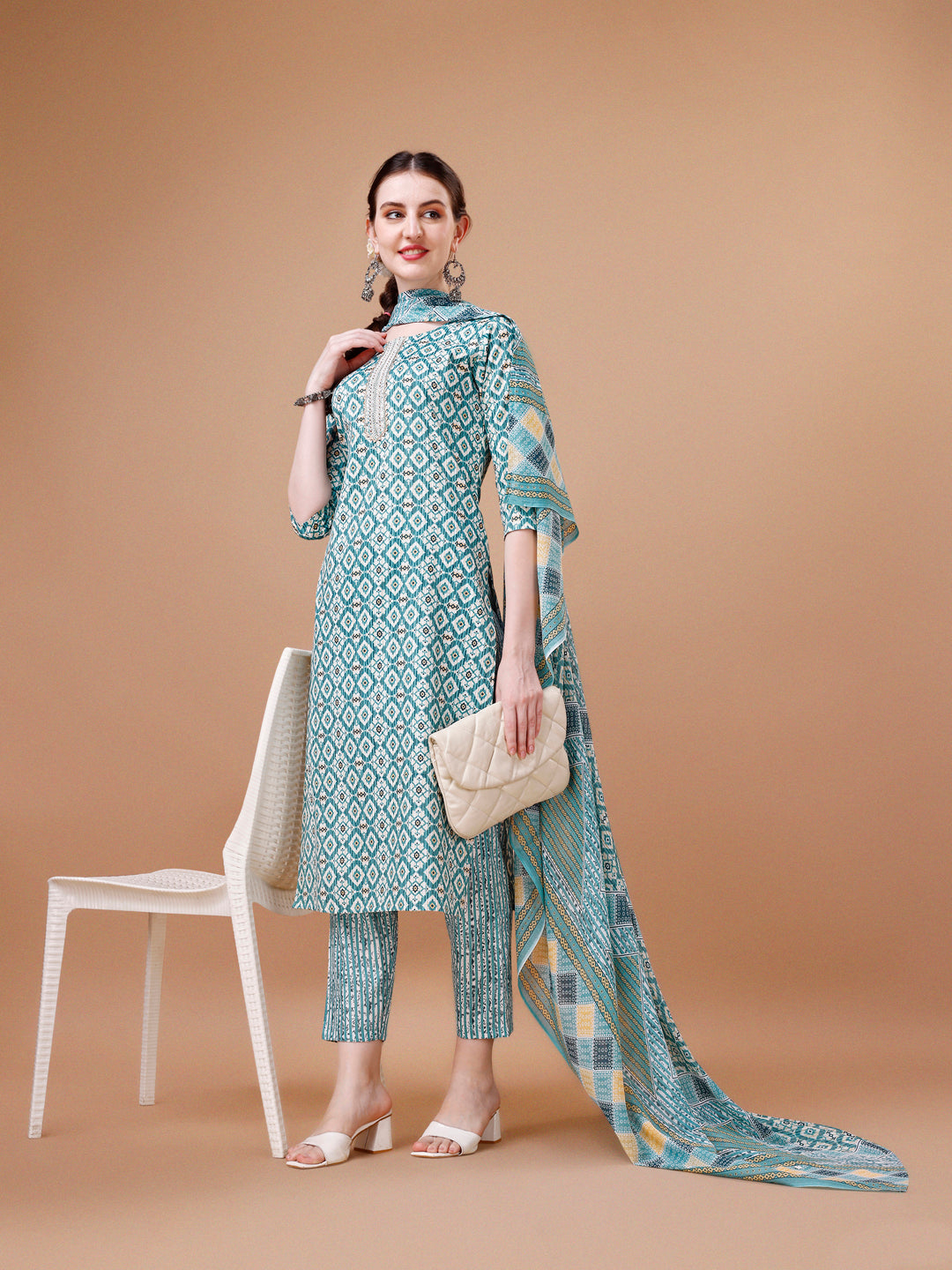 Printed & Lace Yoke Embroidered Kurta With Pant & Dupatta, Multicolor - Hiral Fashion