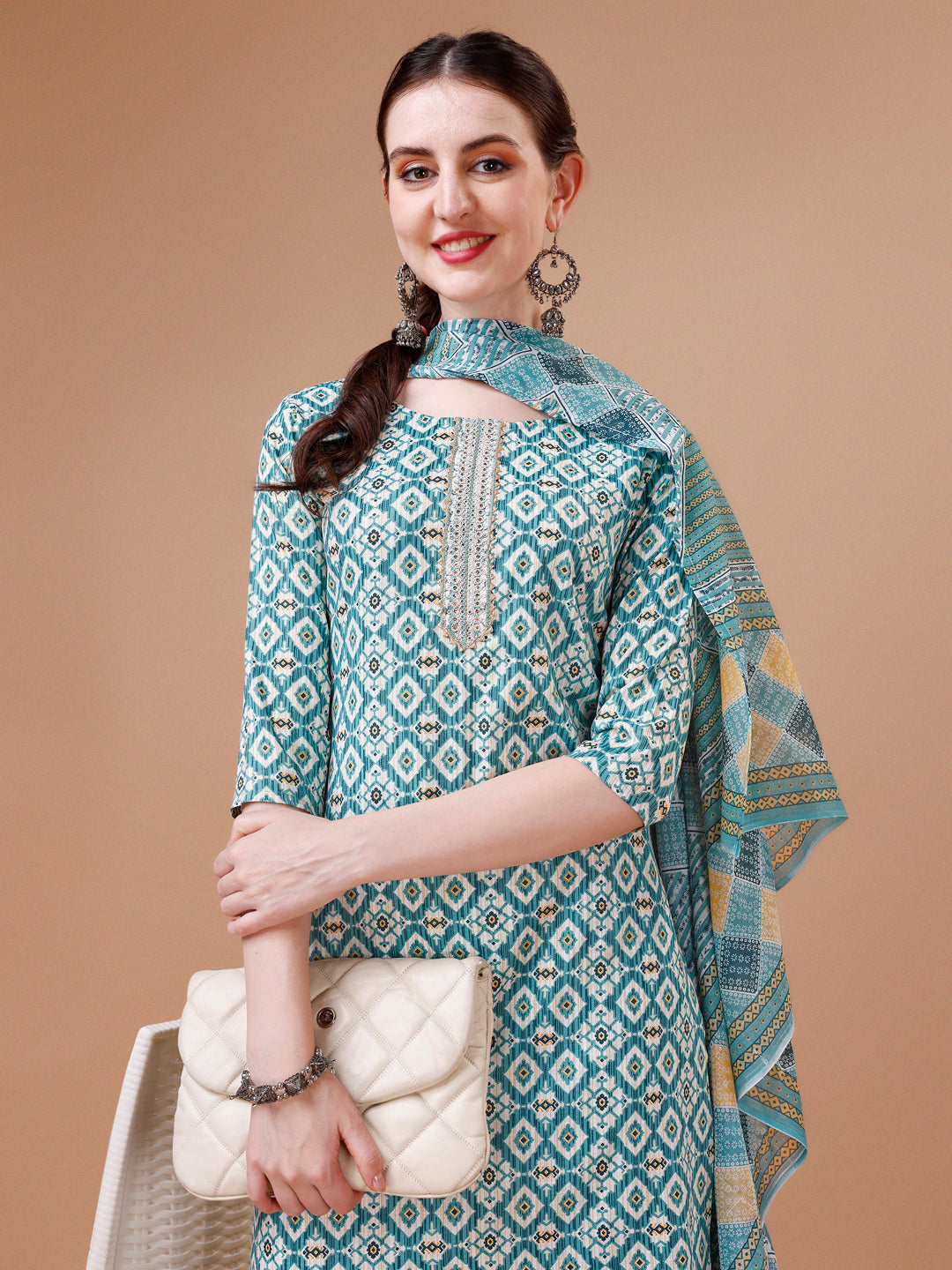 Printed & Lace Yoke Embroidered Kurta With Pant & Dupatta, Multicolor - Hiral Fashion