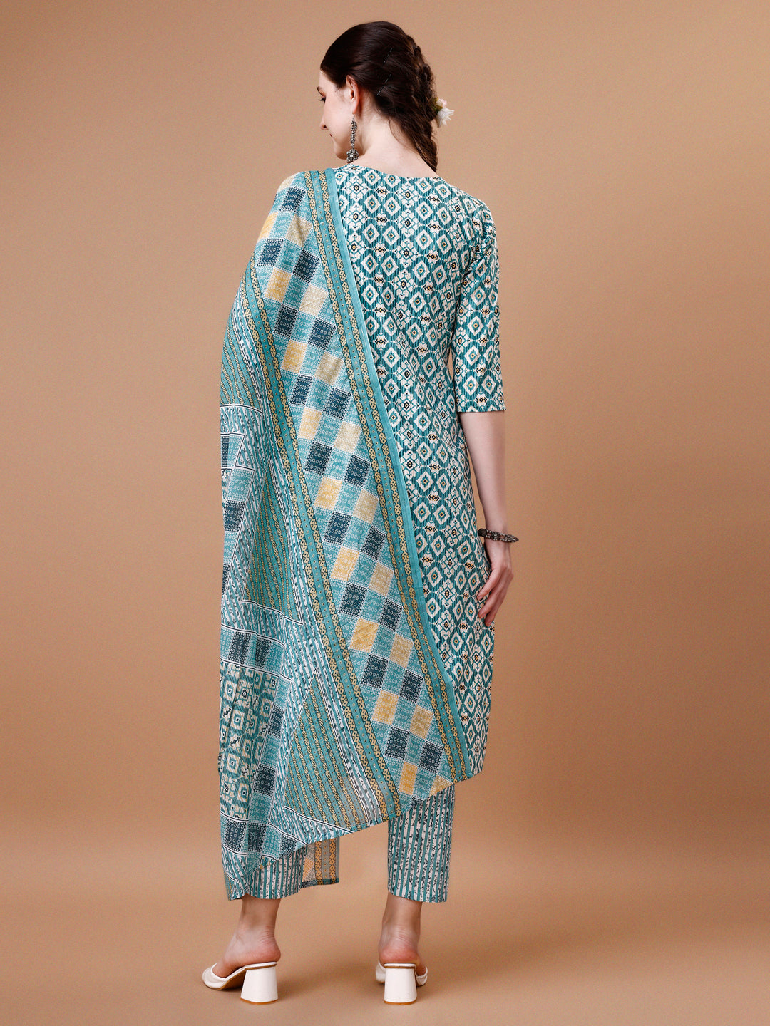 Printed & Lace Yoke Embroidered Kurta With Pant & Dupatta, Multicolor - Hiral Fashion