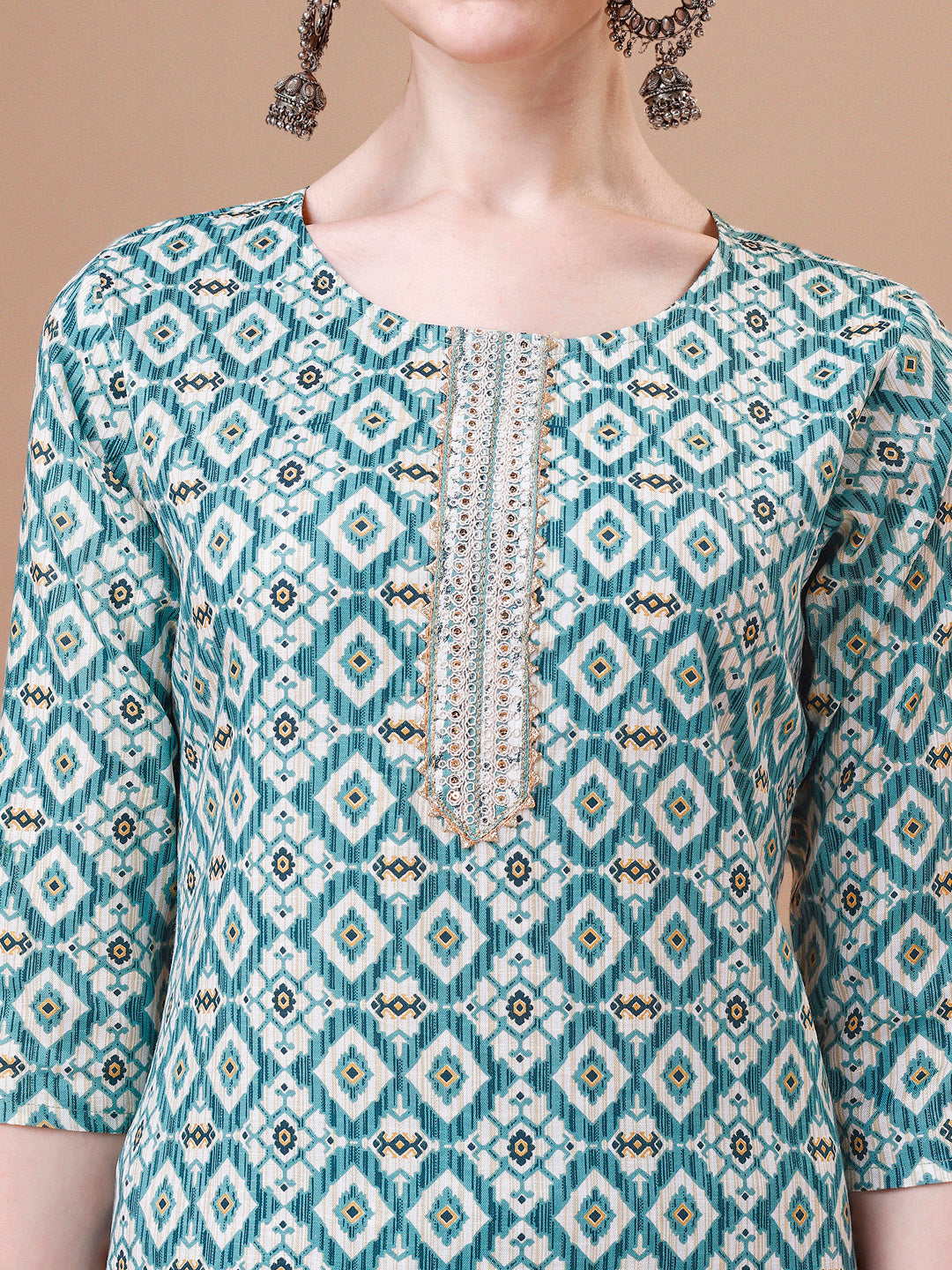 Printed & Lace Yoke Embroidered Kurta With Pant & Dupatta, Multicolor - Hiral Fashion