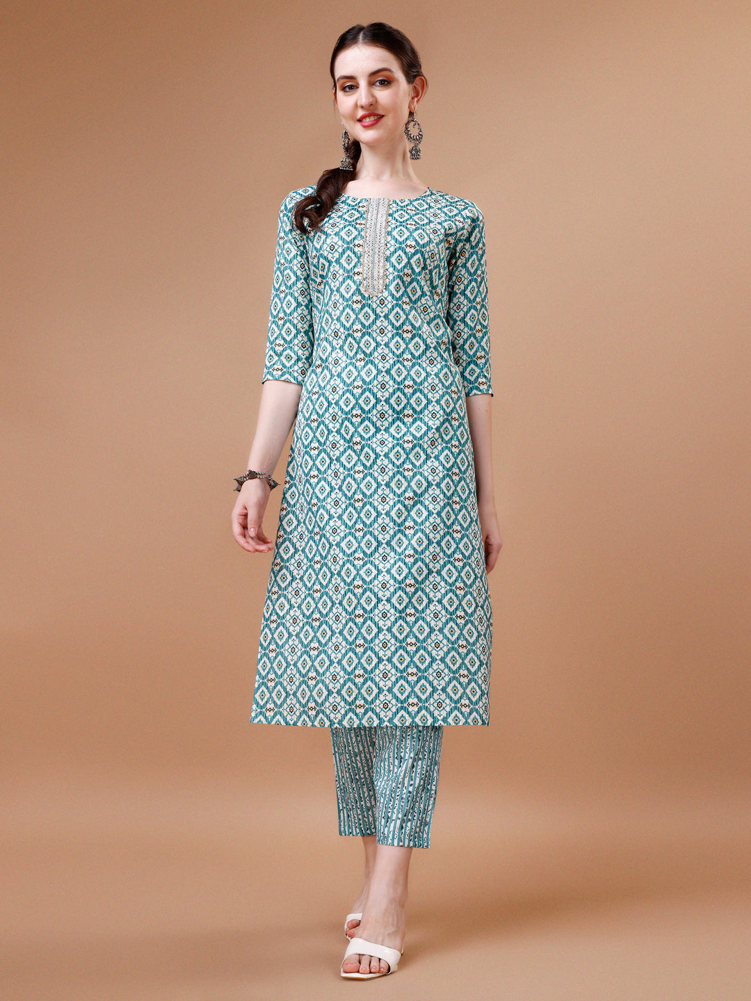 Printed & Lace Yoke Embroidered Kurta With Pant & Dupatta, Multicolor - Hiral Fashion