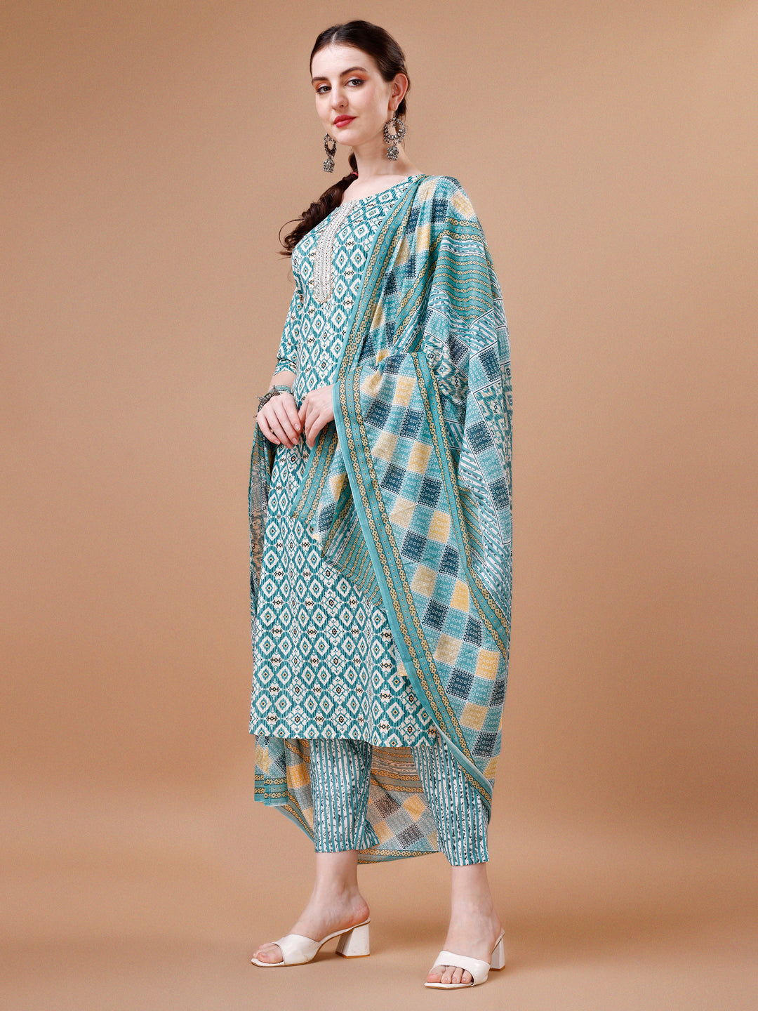 Printed & Lace Yoke Embroidered Kurta With Pant & Dupatta, Multicolor - Hiral Fashion