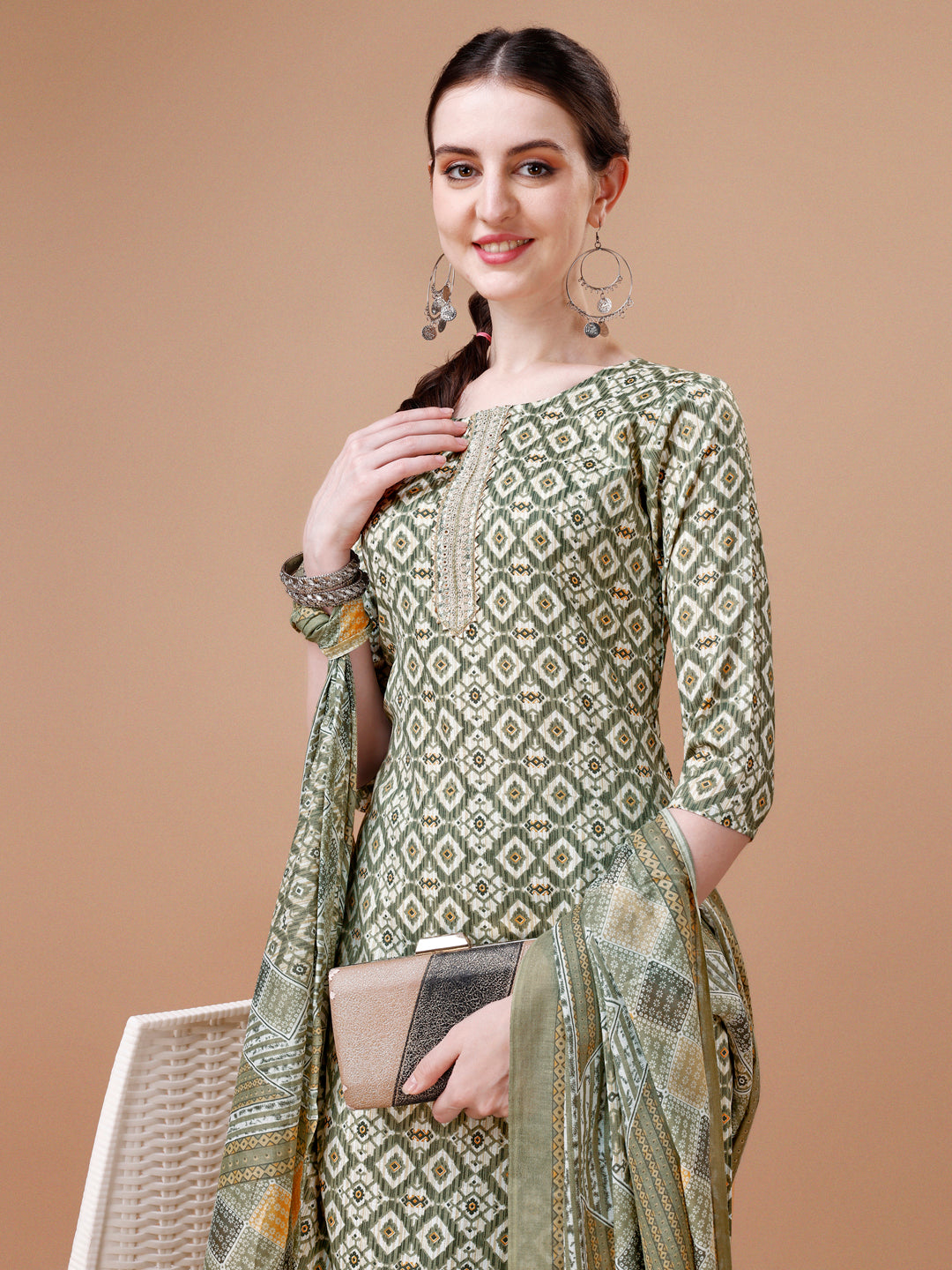 Printed & Lace Yoke Embroidered Kurta With Pant & Dupatta, Multicolor - Hiral Fashion