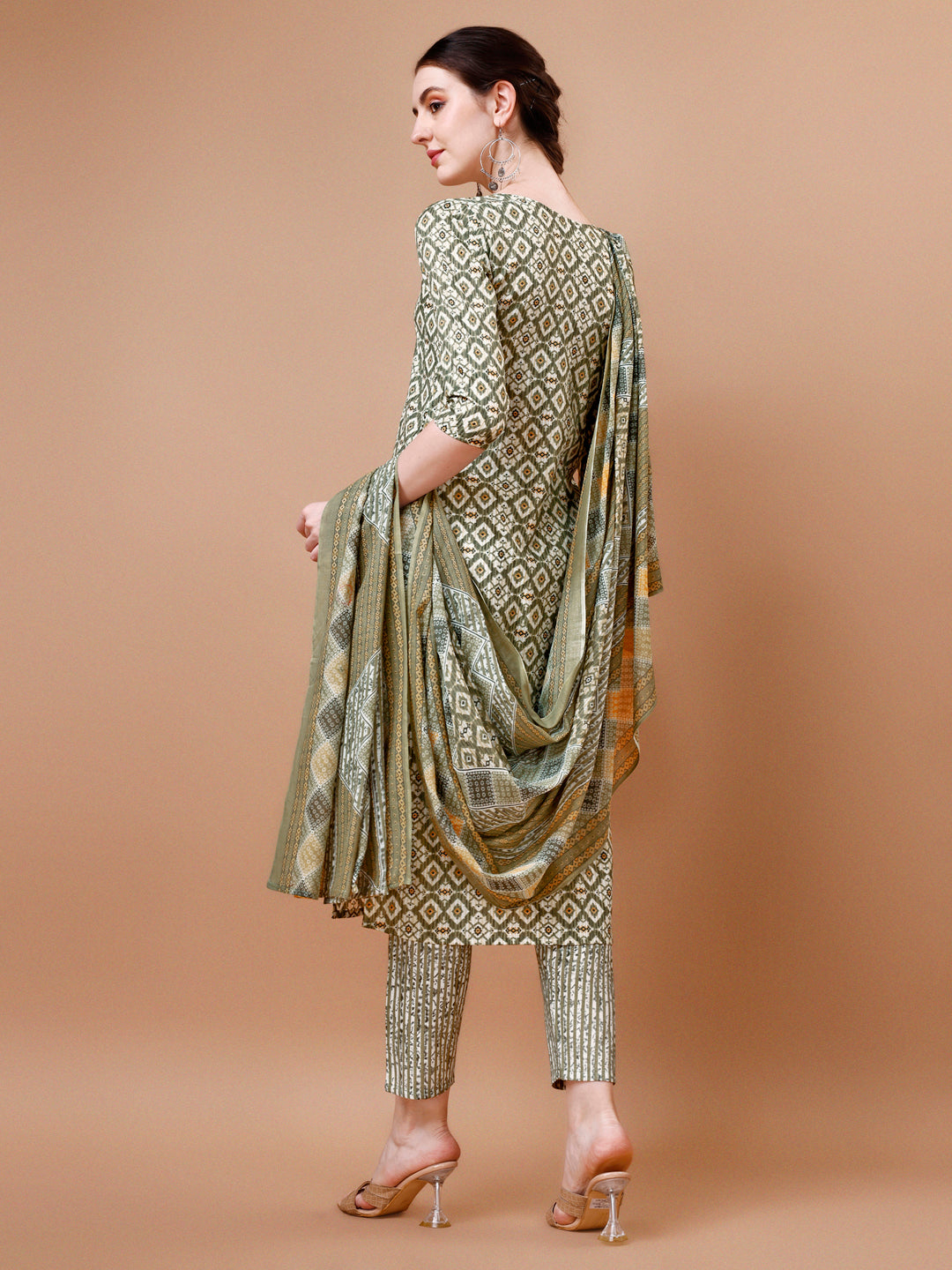 Printed & Lace Yoke Embroidered Kurta With Pant & Dupatta, Multicolor - Hiral Fashion