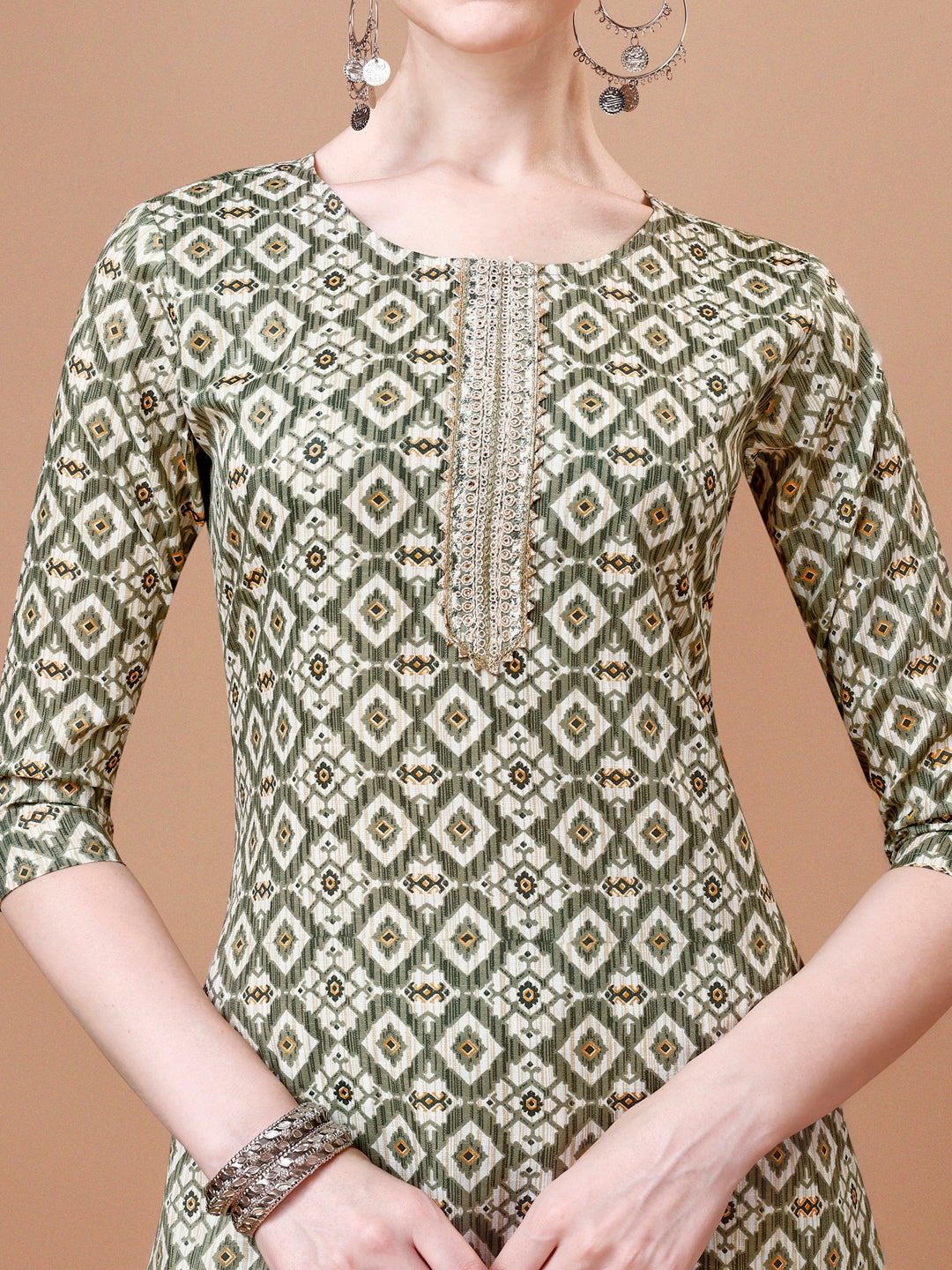 Printed & Lace Yoke Embroidered Kurta With Pant & Dupatta, Multicolor - Hiral Fashion