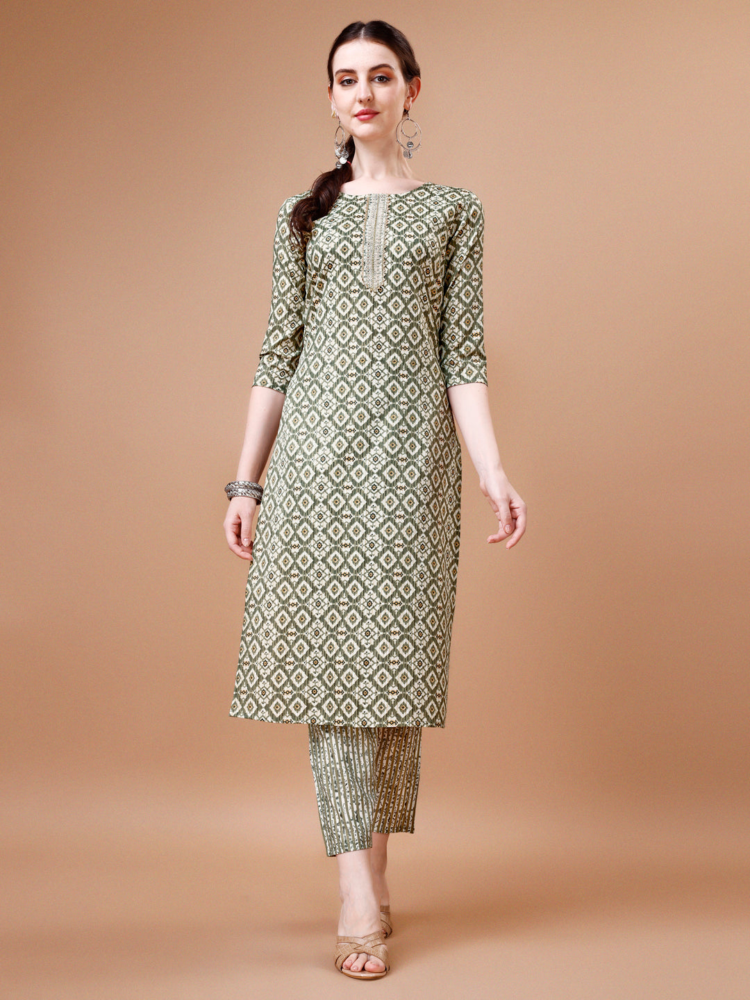 Printed & Lace Yoke Embroidered Kurta With Pant & Dupatta, Multicolor - Hiral Fashion