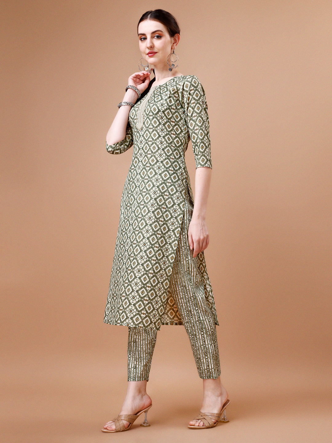 Printed & Lace Yoke Embroidered Kurta With Pant & Dupatta, Multicolor - Hiral Fashion
