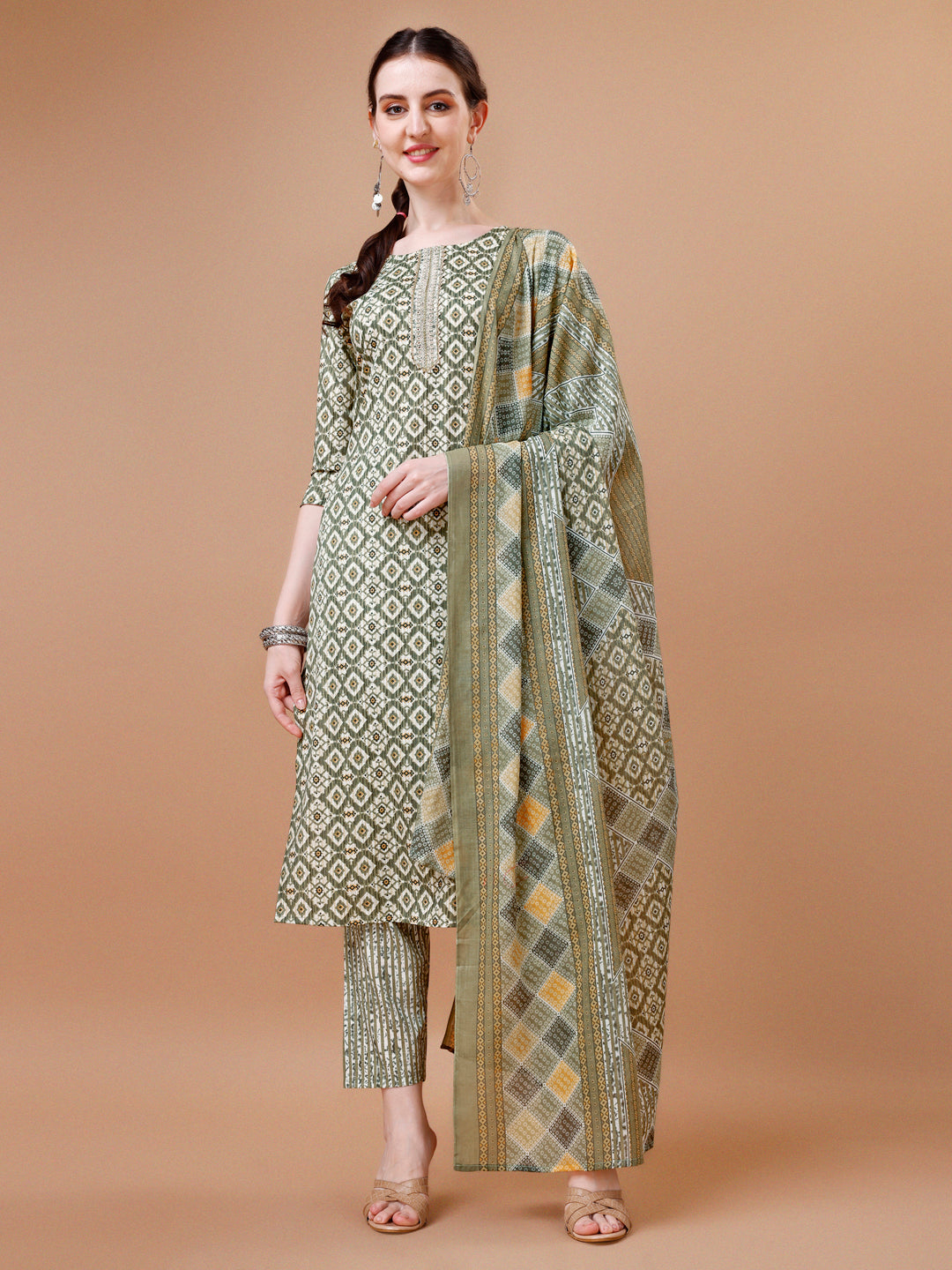 Printed & Lace Yoke Embroidered Kurta With Pant & Dupatta, Multicolor - Hiral Fashion