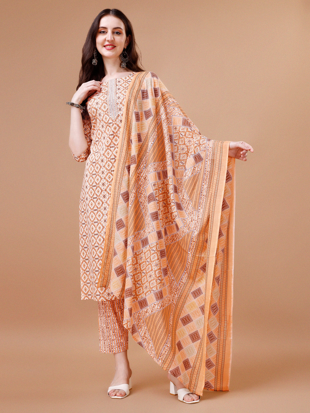 Printed & Lace Yoke Embroidered Kurta With Pant & Dupatta, Multicolor - Hiral Fashion
