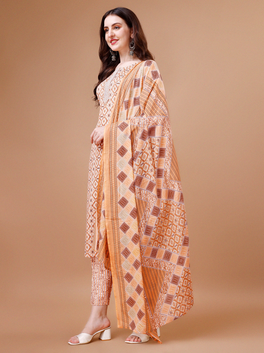 Printed & Lace Yoke Embroidered Kurta With Pant & Dupatta, Multicolor - Hiral Fashion