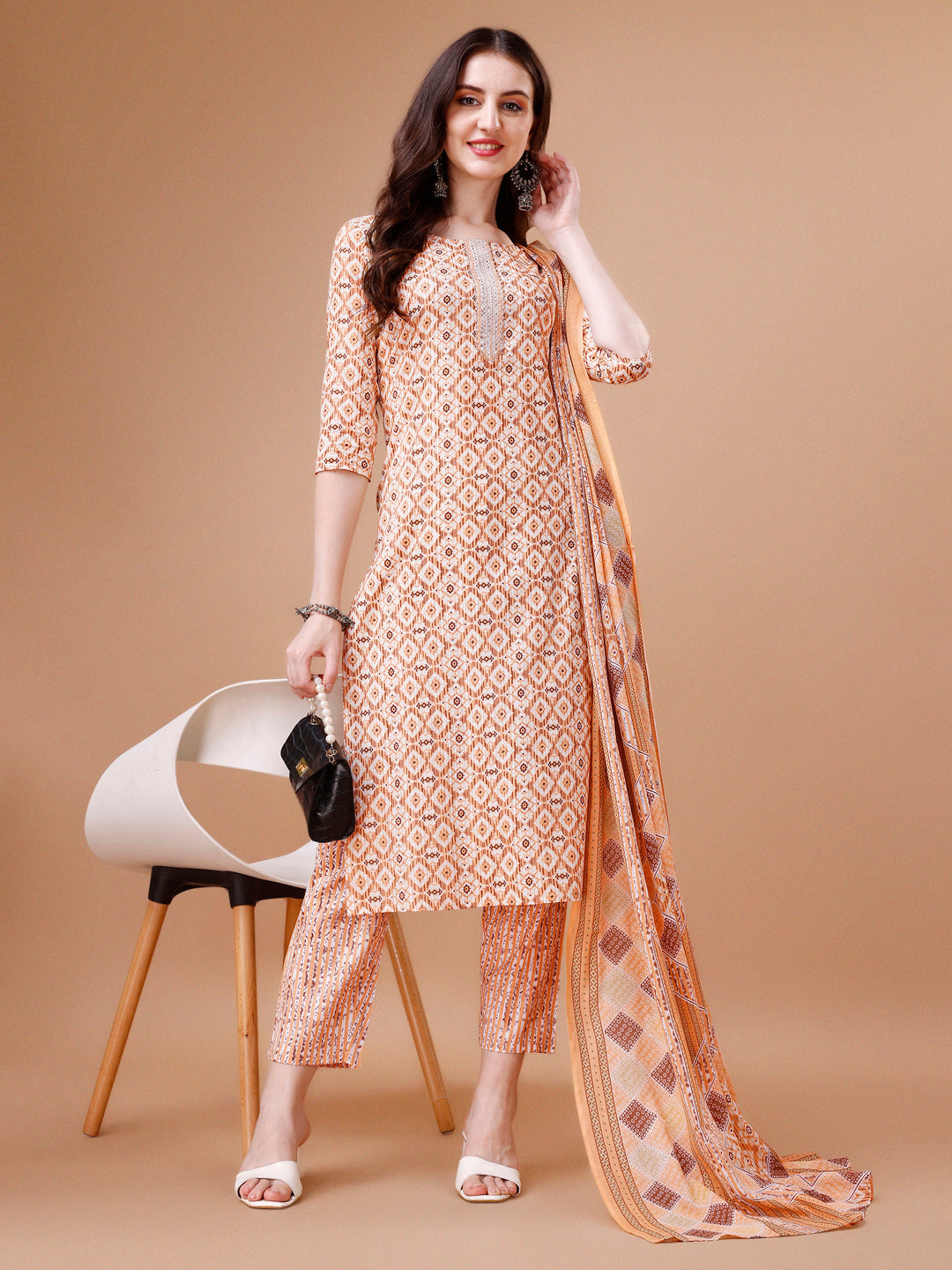 Printed & Lace Yoke Embroidered Kurta With Pant & Dupatta, Multicolor - Hiral Fashion