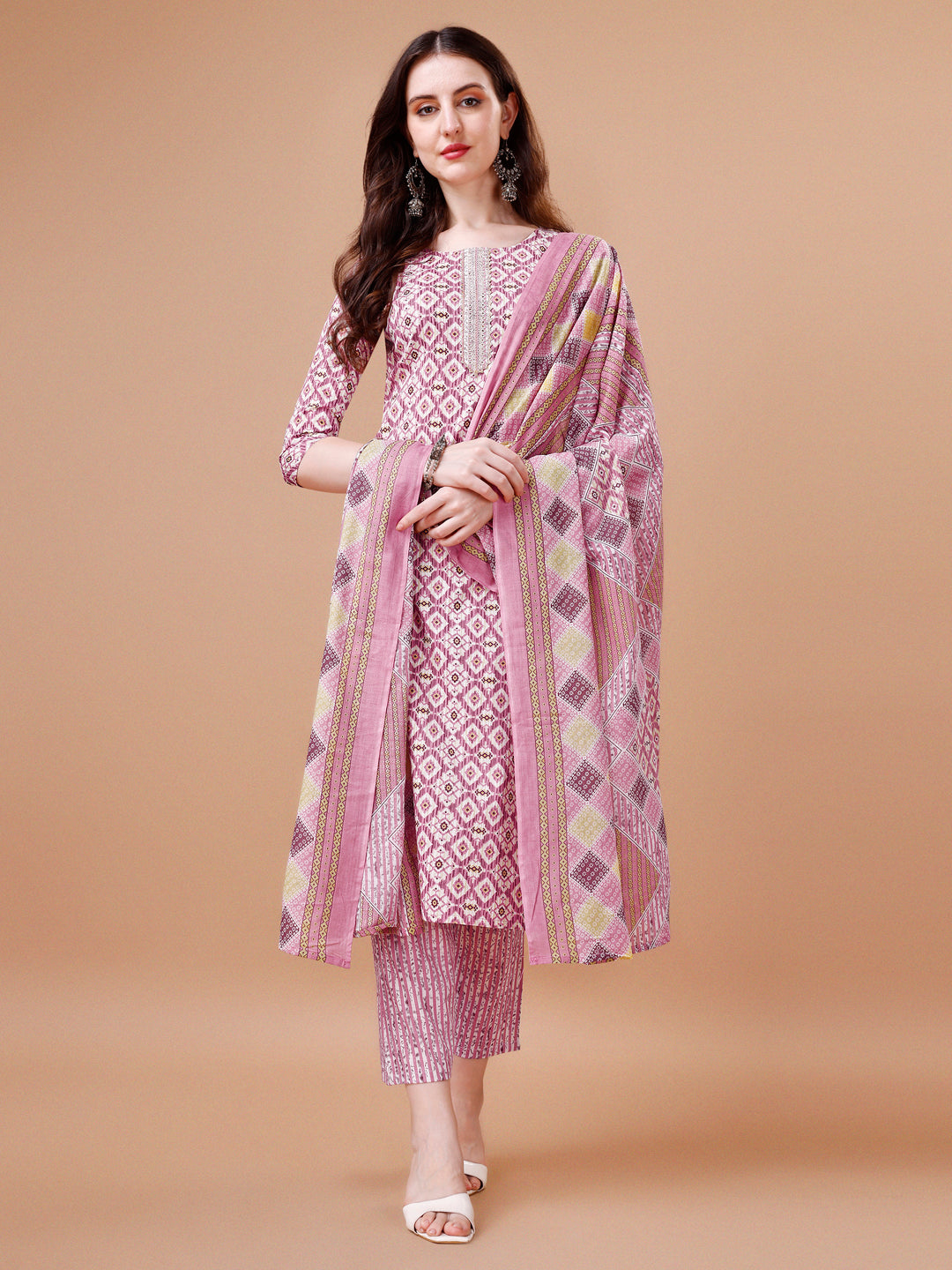 Printed & Lace Yoke Embroidered Kurta With Pant & Dupatta, Multicolor - Hiral Fashion
