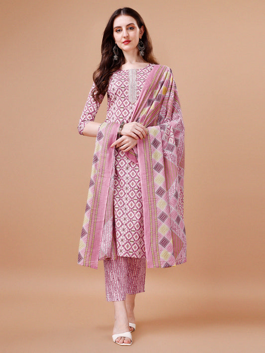 Printed & Lace Yoke Embroidered Kurta With Pant & Dupatta, Multicolor - Hiral Fashion