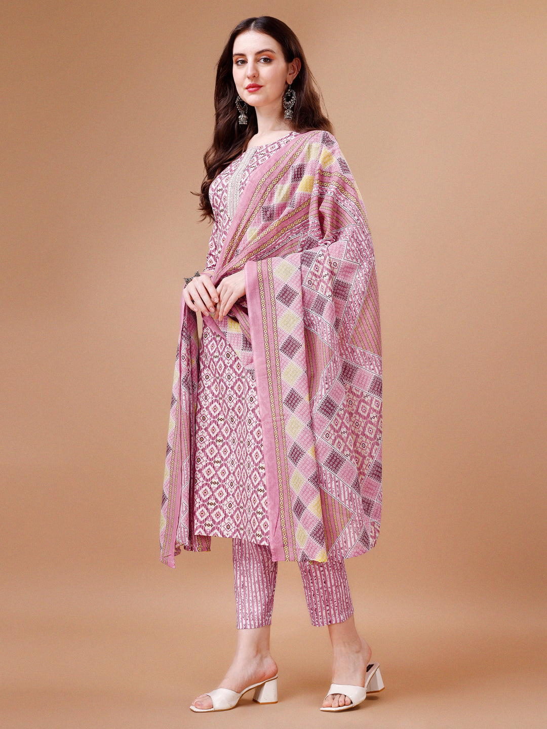 Printed & Lace Yoke Embroidered Kurta With Pant & Dupatta, Multicolor - Hiral Fashion