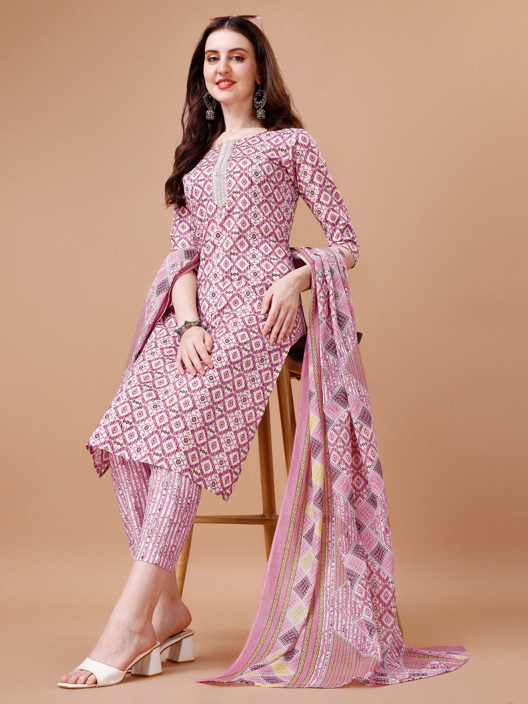 Printed & Lace Yoke Embroidered Kurta With Pant & Dupatta, Multicolor - Hiral Fashion