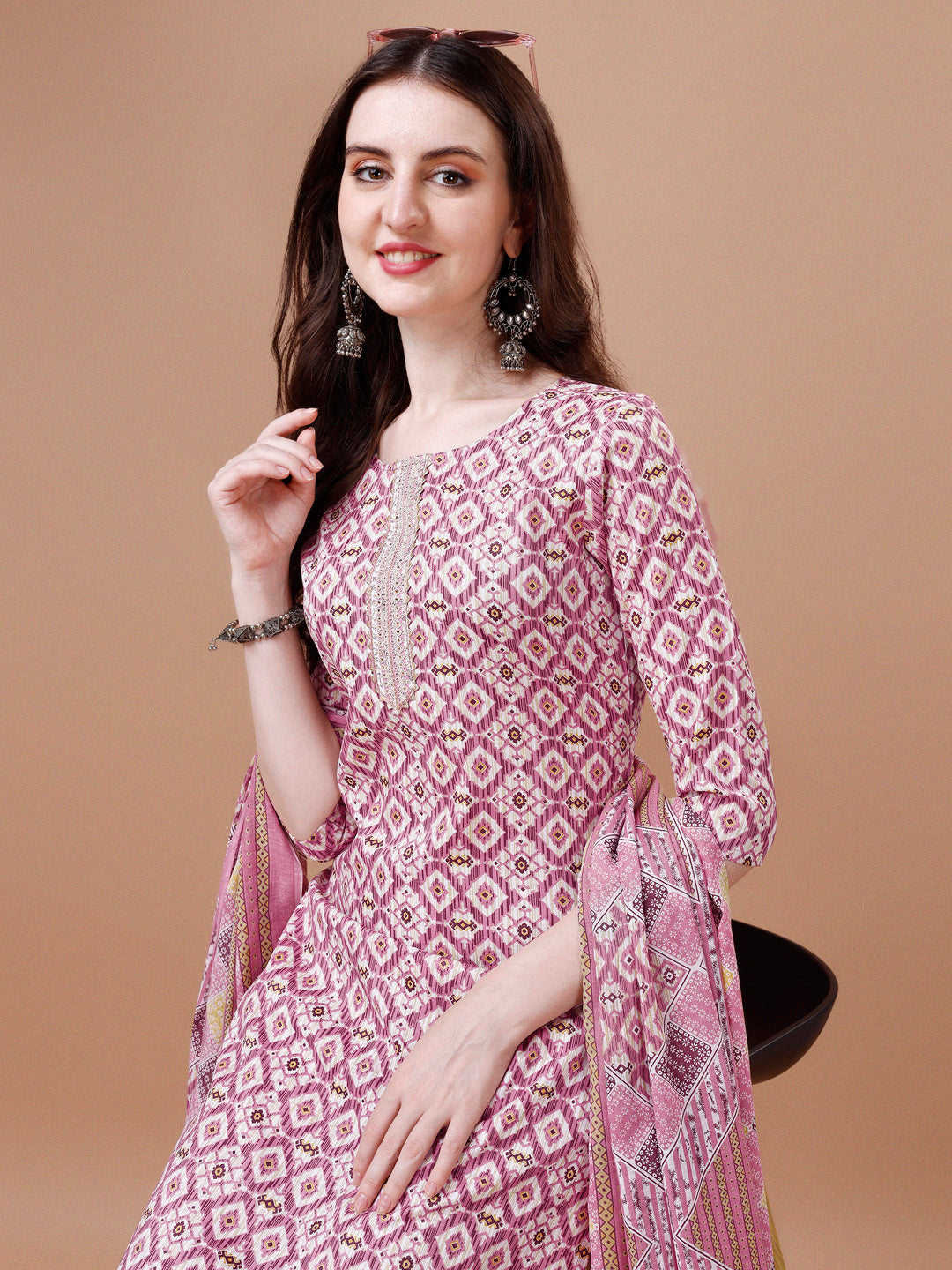 Printed & Lace Yoke Embroidered Kurta With Pant & Dupatta, Multicolor - Hiral Fashion