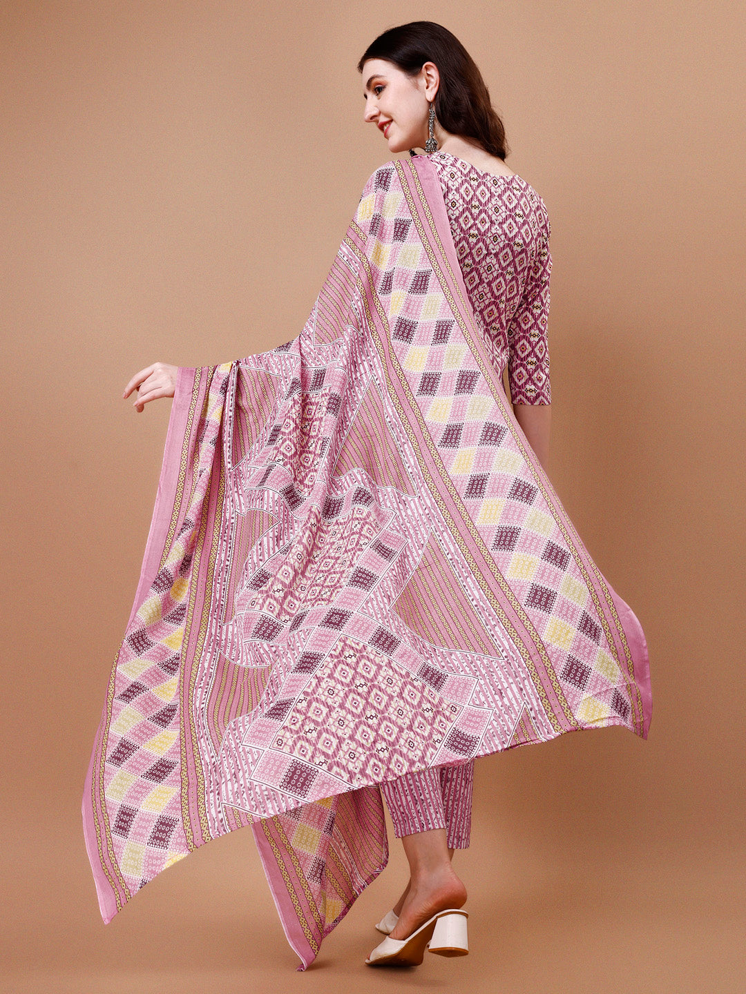 Printed & Lace Yoke Embroidered Kurta With Pant & Dupatta, Multicolor - Hiral Fashion