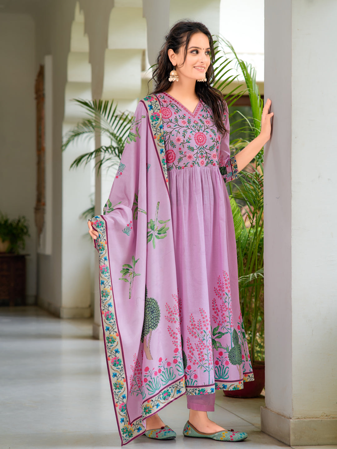 Placement Printed & Embroidered Flarded Kurta With Pant & Printed Dupatta, Lavender - Hiral Fashion