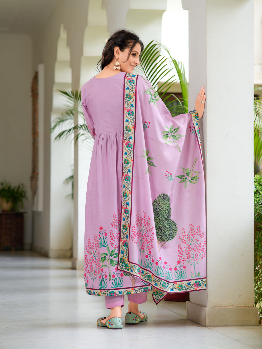 Placement Printed & Embroidered Flarded Kurta With Pant & Printed Dupatta, Lavender - Hiral Fashion