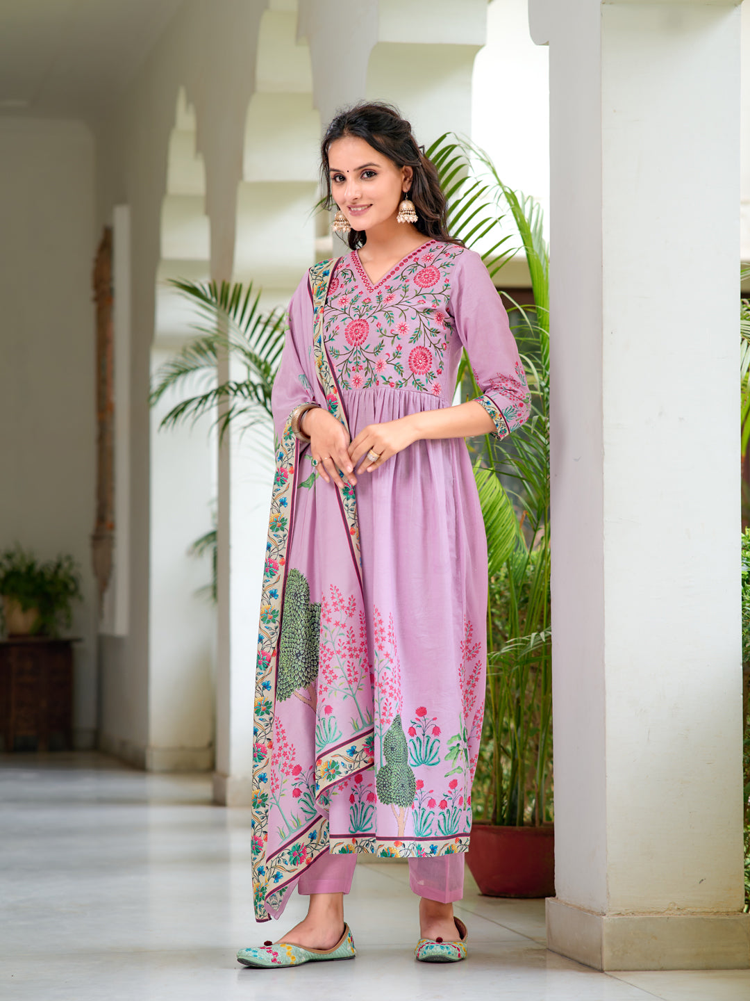 Placement Printed & Embroidered Flarded Kurta With Pant & Printed Dupatta, Lavender - Hiral Fashion