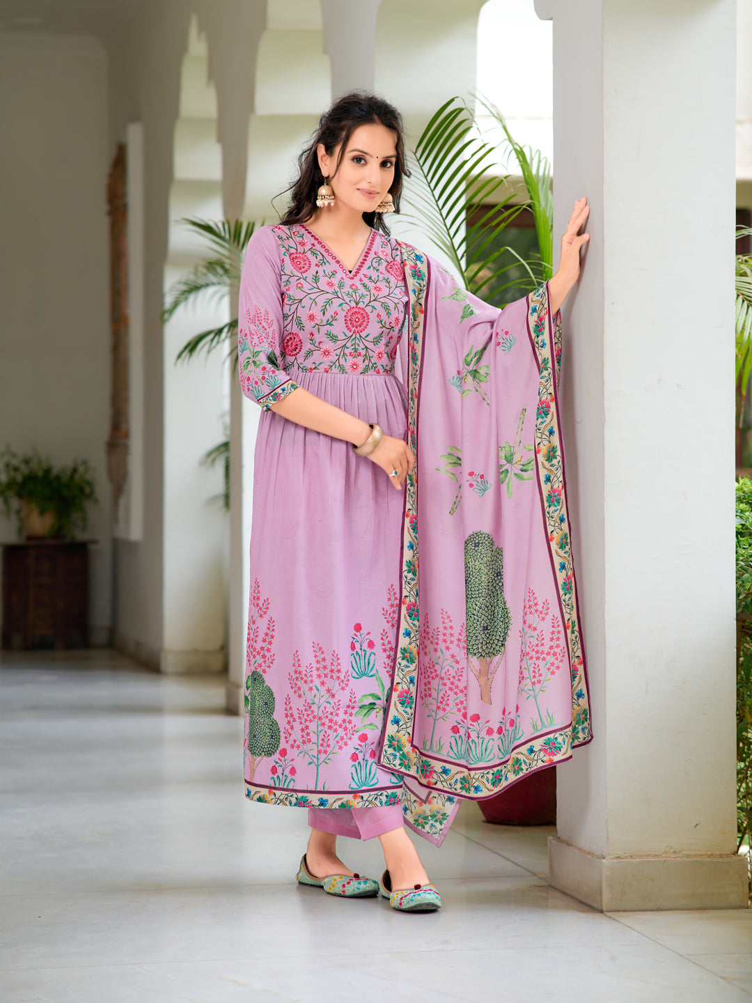Placement Printed & Embroidered Flarded Kurta With Pant & Printed Dupatta, Lavender - Hiral Fashion