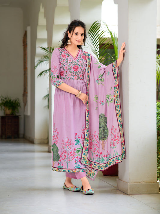 Placement Printed & Embroidered Flarded Kurta With Pant & Printed Dupatta, Lavender - Hiral Fashion