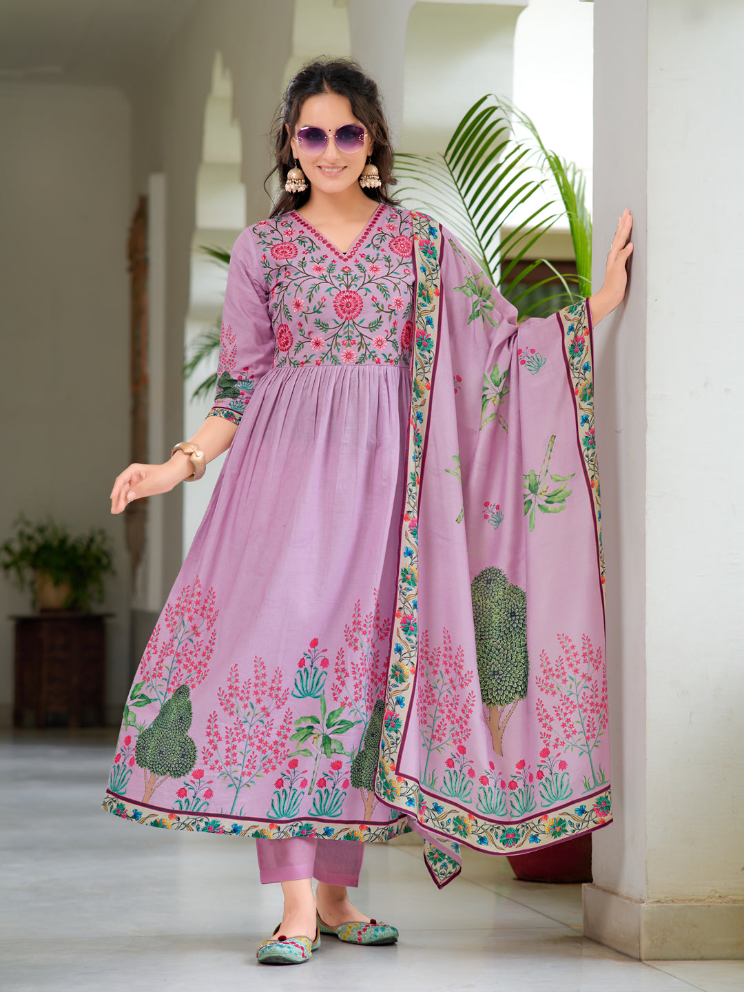 Placement Printed & Embroidered Flarded Kurta With Pant & Printed Dupatta, Lavender - Hiral Fashion