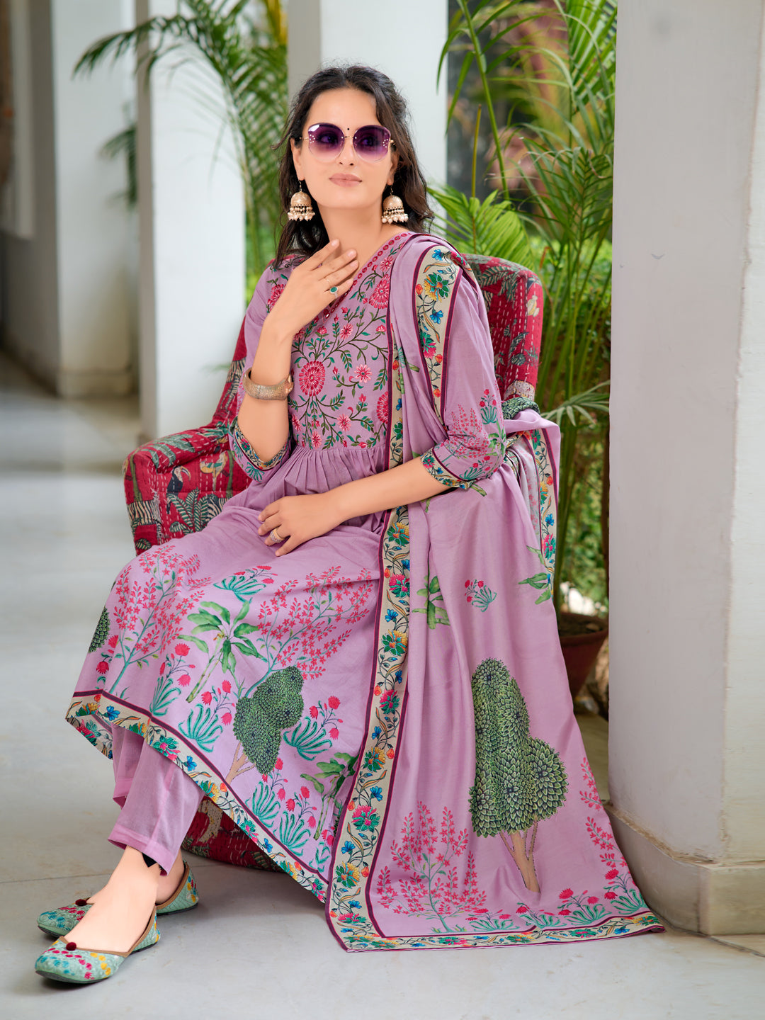 Placement Printed & Embroidered Flarded Kurta With Pant & Printed Dupatta, Lavender - Hiral Fashion