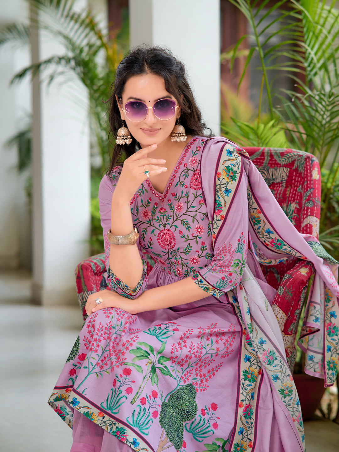 Placement Printed & Embroidered Flarded Kurta With Pant & Printed Dupatta, Lavender - Hiral Fashion