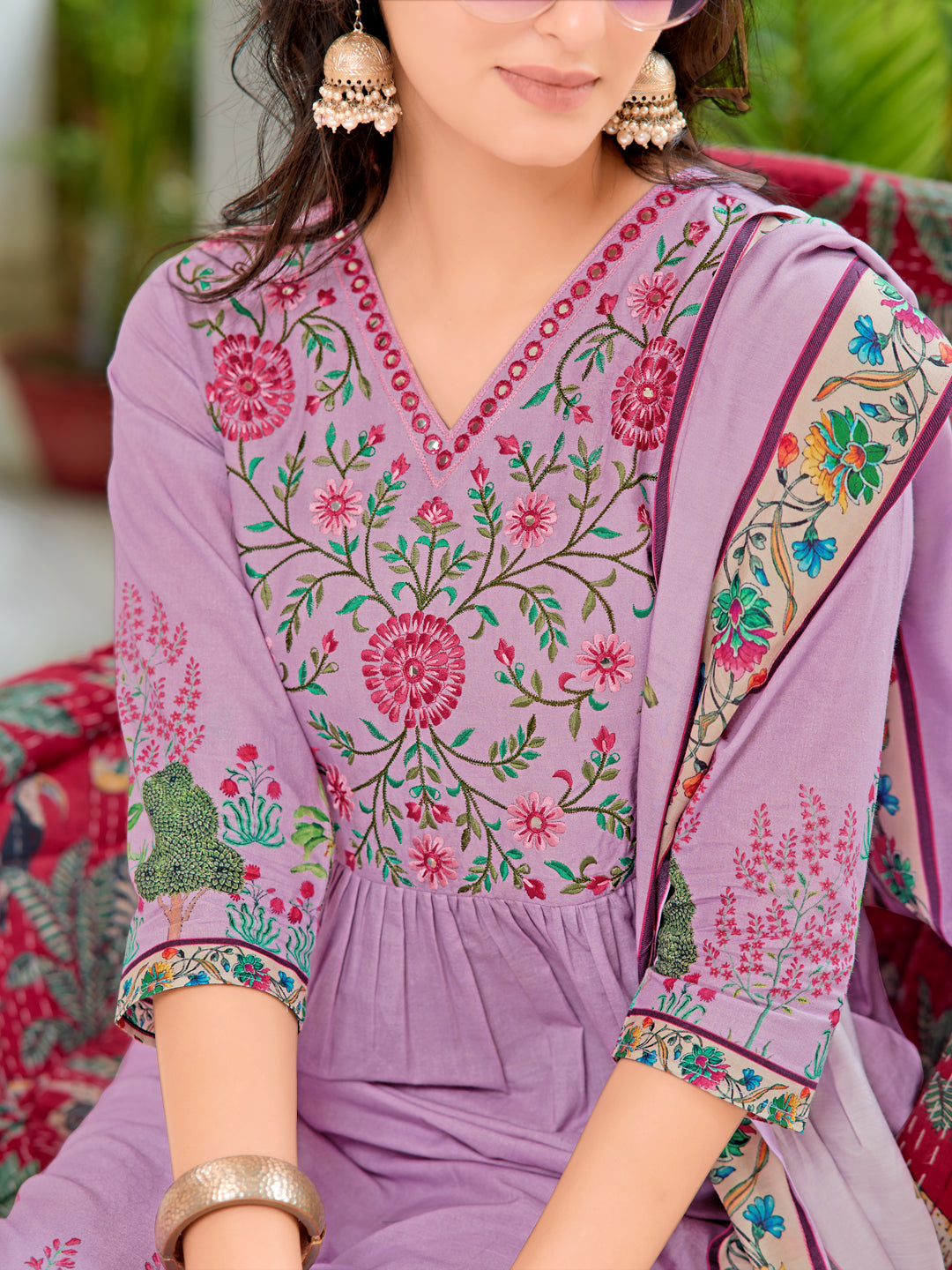 Placement Printed & Embroidered Flarded Kurta With Pant & Printed Dupatta, Lavender - Hiral Fashion