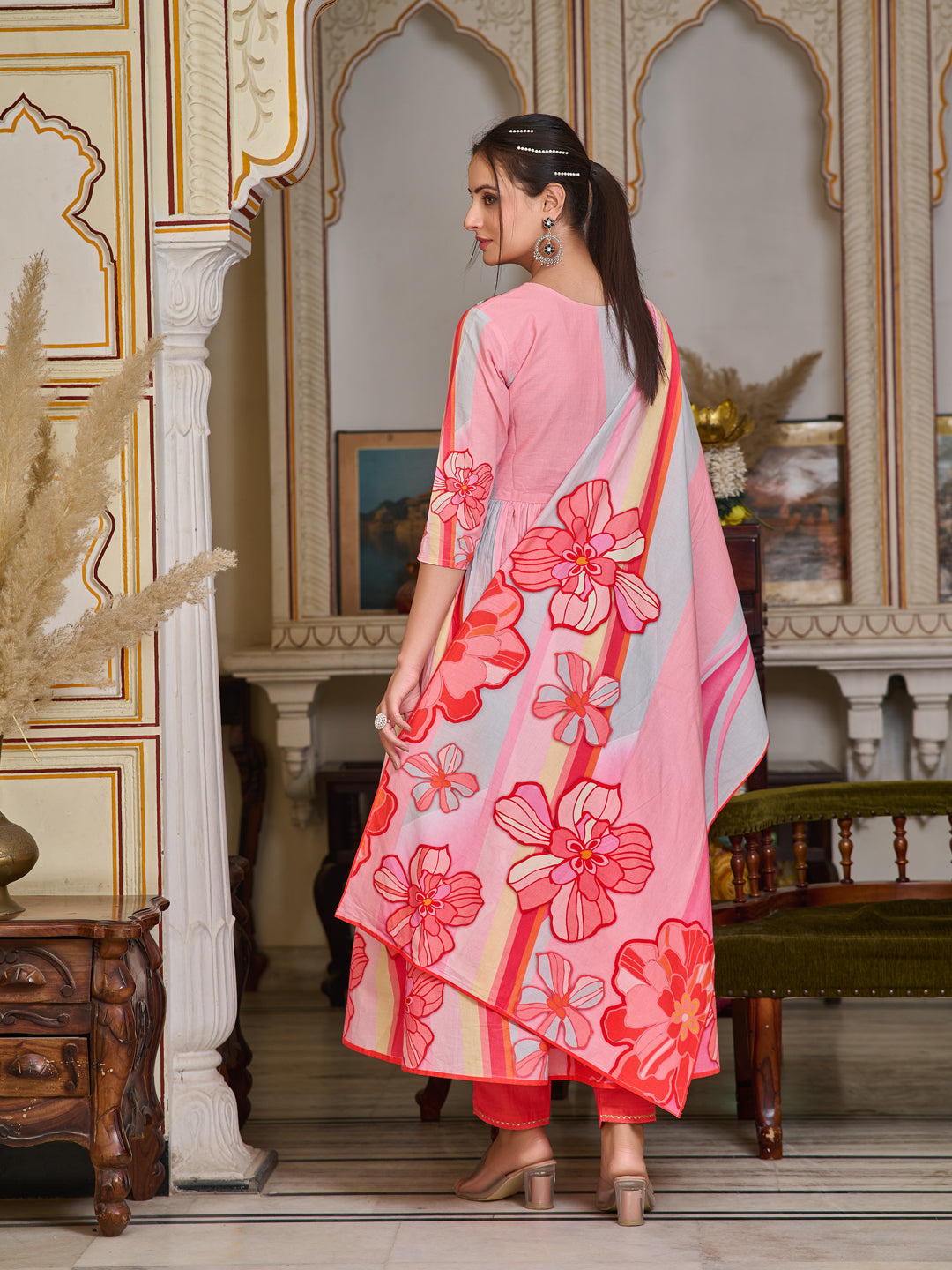 Placement Printed & Embroidered Flared Kurta With Pant & Printed Dupatta, Pink - Hiral Fashion