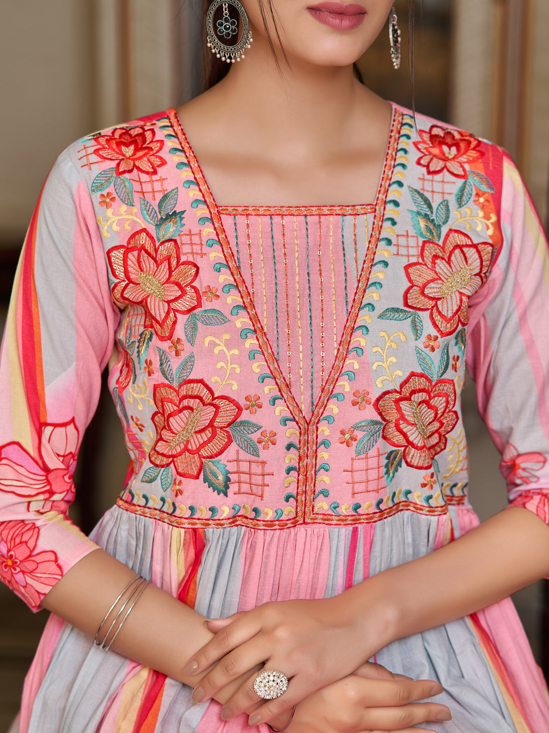 Placement Printed & Embroidered Flared Kurta With Pant & Printed Dupatta, Pink - Hiral Fashion
