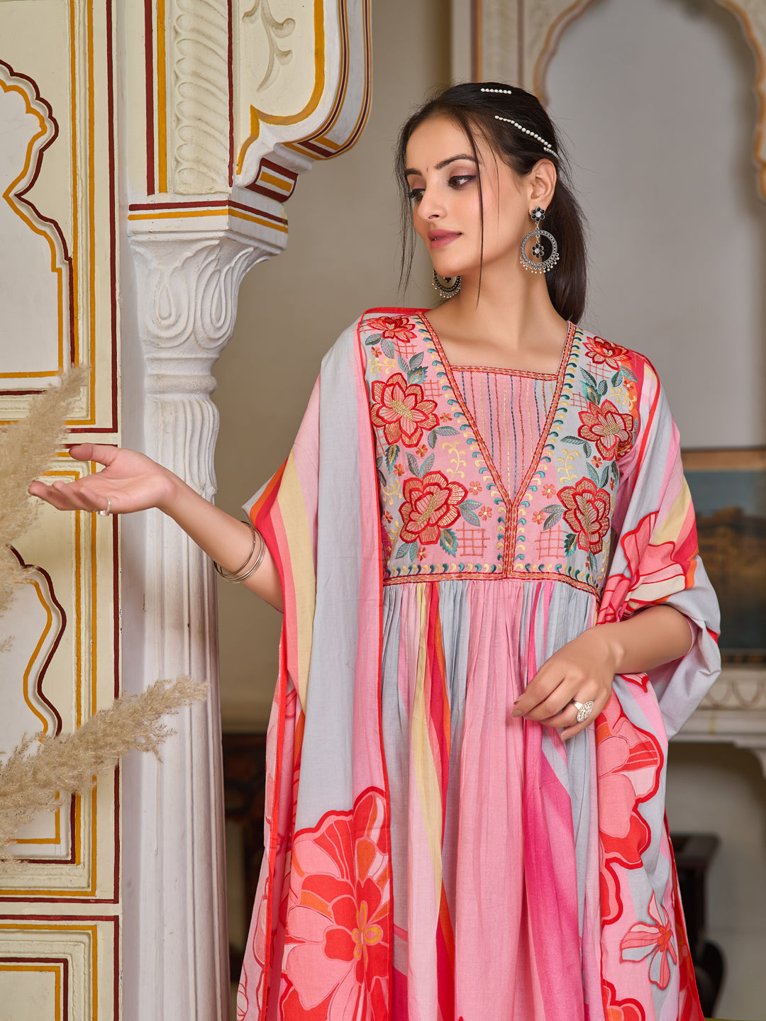Placement Printed & Embroidered Flared Kurta With Pant & Printed Dupatta, Pink - Hiral Fashion