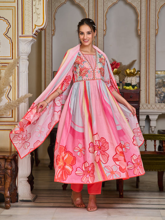Placement Printed & Embroidered Flared Kurta With Pant & Printed Dupatta, Pink - Hiral Fashion