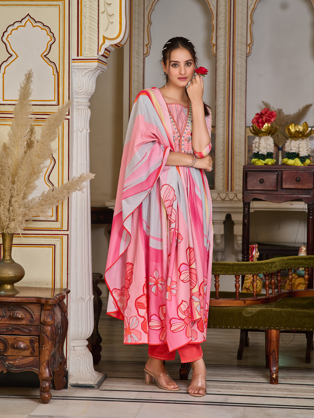 Placement Printed & Embroidered Flared Kurta With Pant & Printed Dupatta, Pink - Hiral Fashion