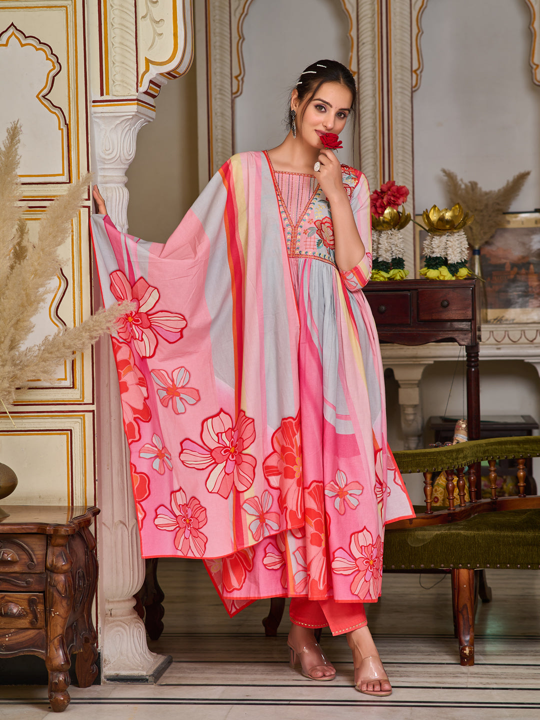 Placement Printed & Embroidered Flared Kurta With Pant & Printed Dupatta, Pink - Hiral Fashion