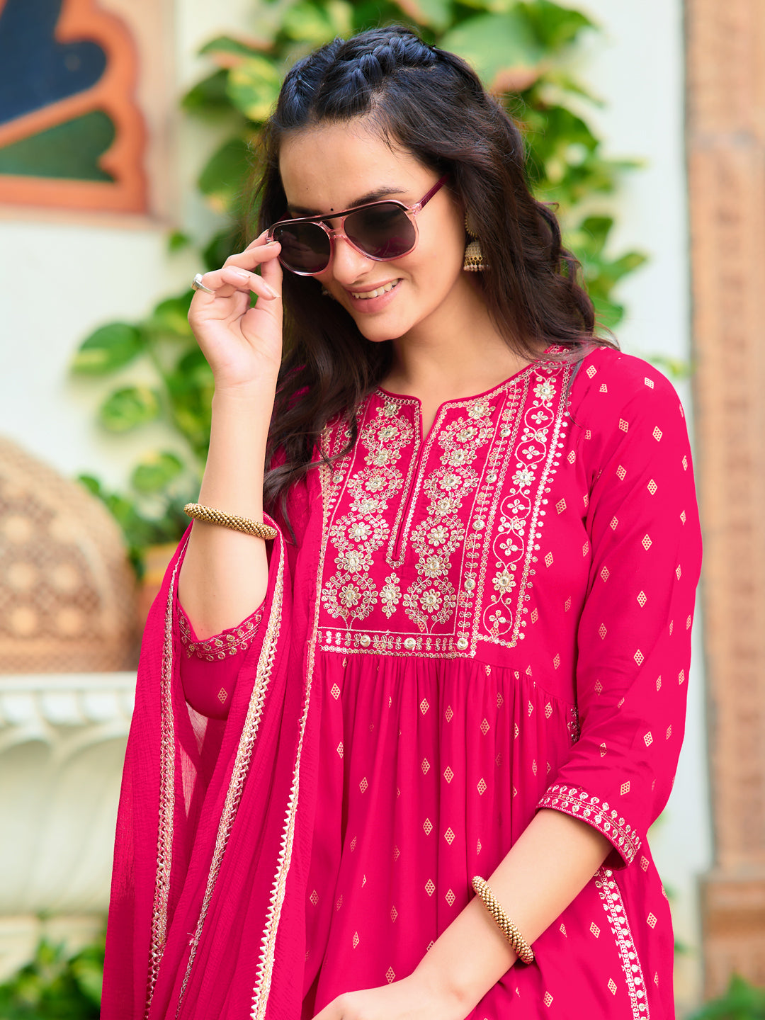 Nyra Cut Embroidered Kurta With Pant & Dupatta, Pink - Hiral Fashion
