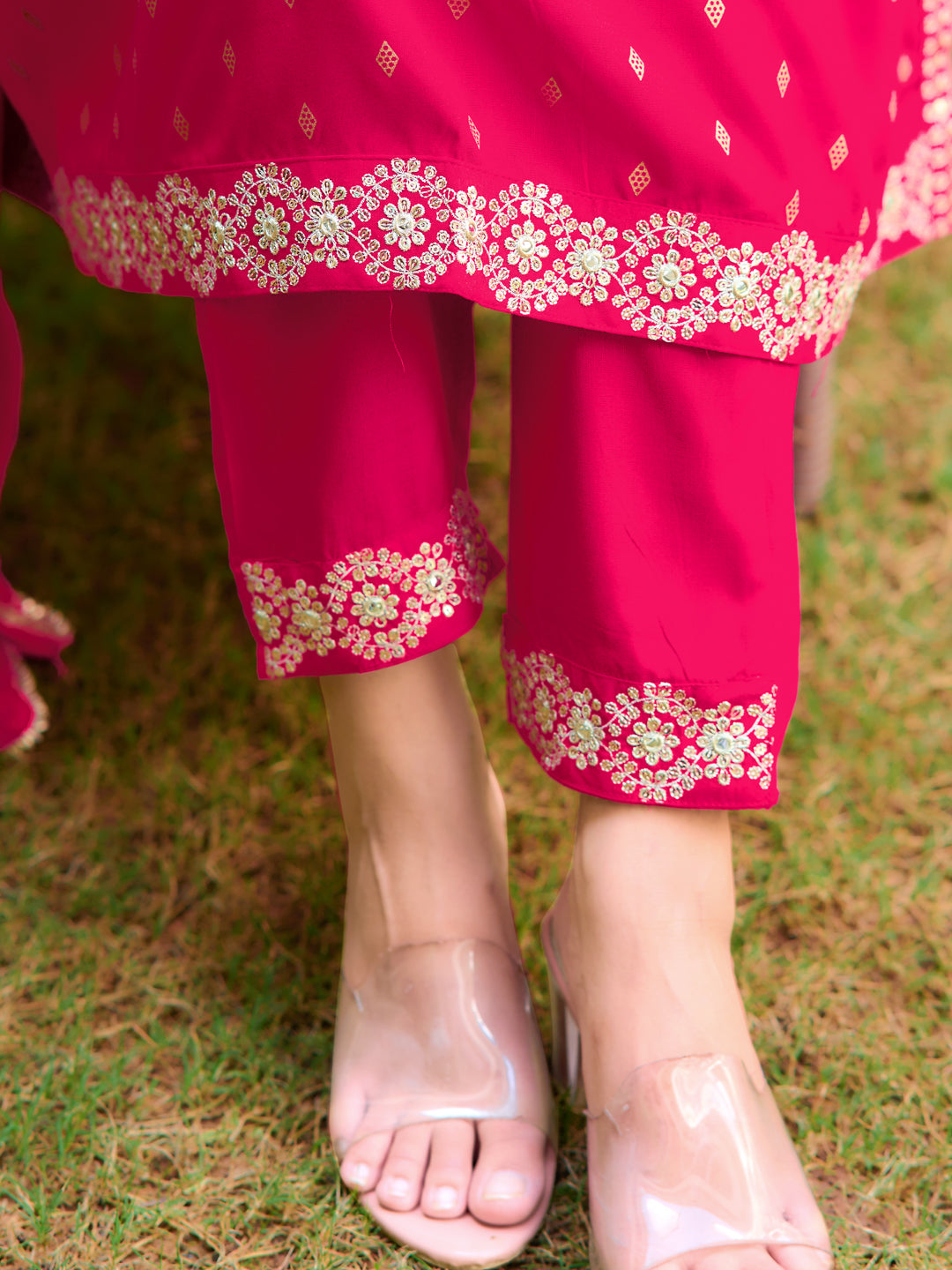 Nyra Cut Embroidered Kurta With Pant & Dupatta, Pink - Hiral Fashion