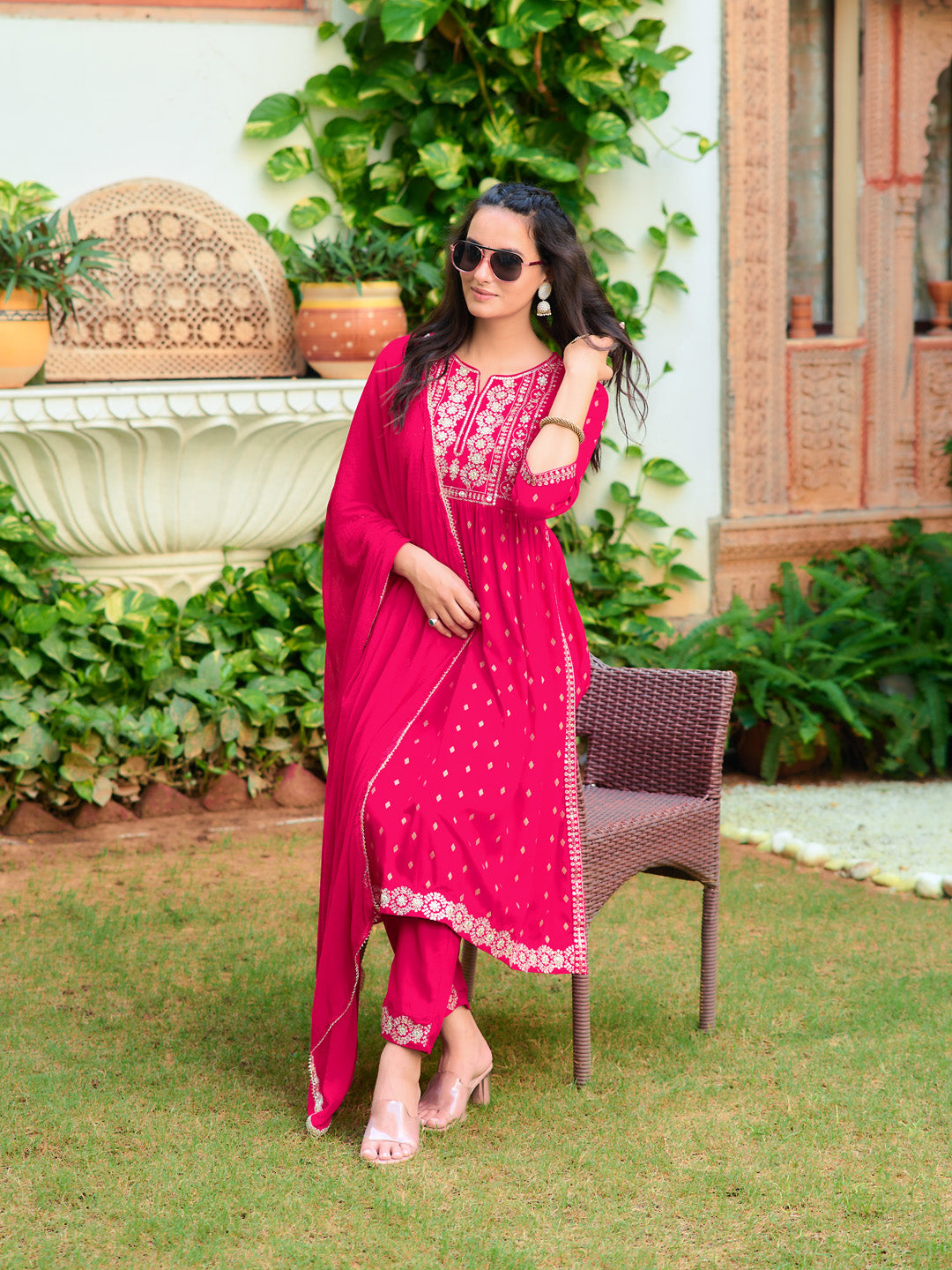 Nyra Cut Embroidered Kurta With Pant & Dupatta, Pink - Hiral Fashion
