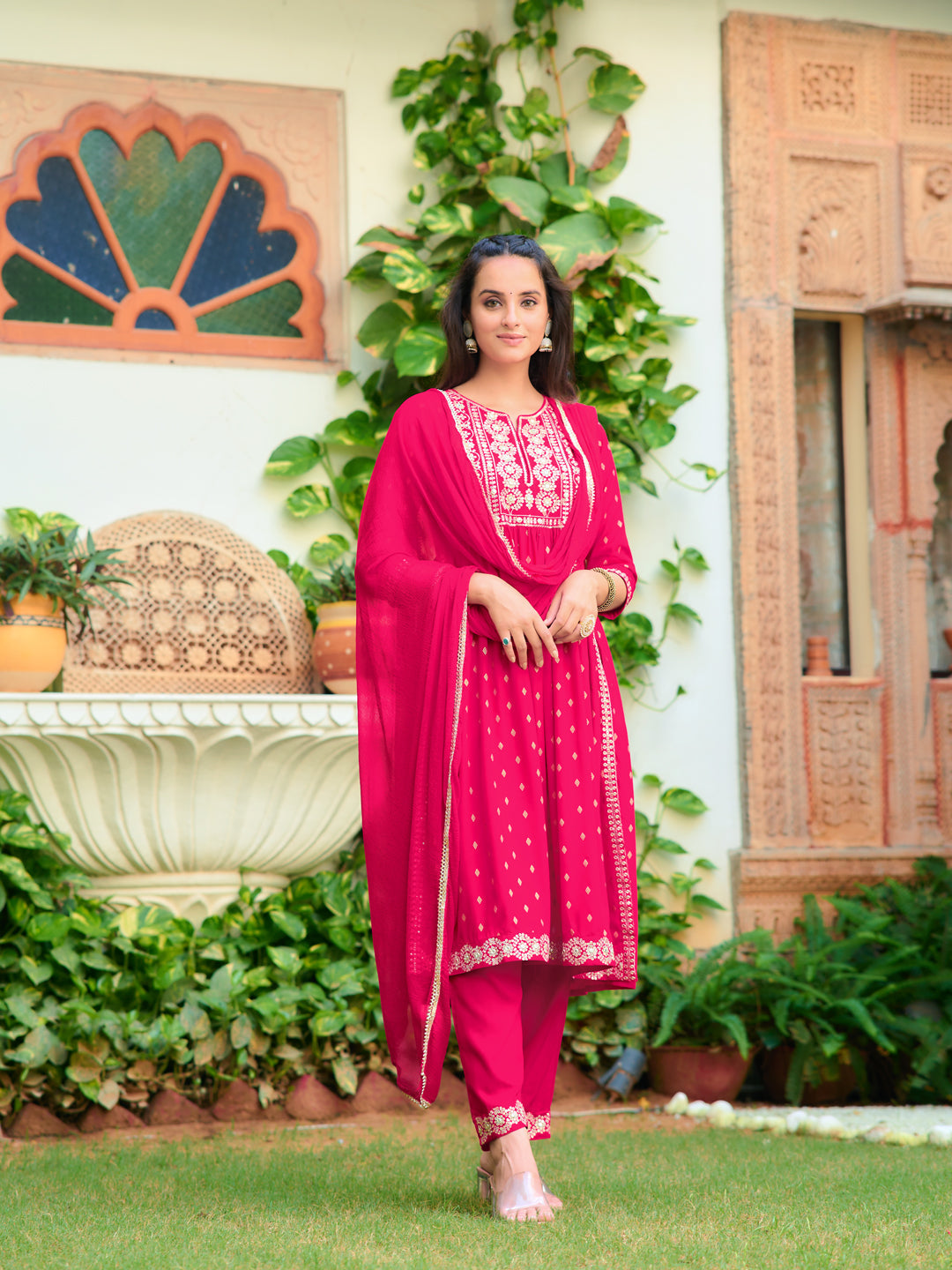 Nyra Cut Embroidered Kurta With Pant & Dupatta, Pink - Hiral Fashion