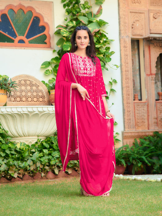 Nyra Cut Embroidered Kurta With Pant & Dupatta, Pink - Hiral Fashion