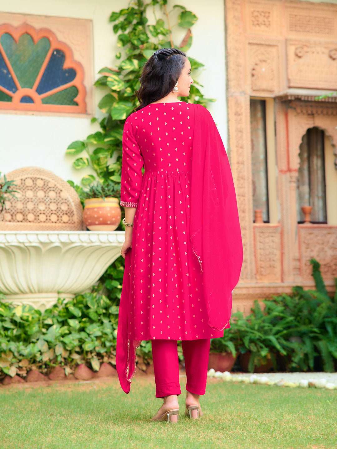 Nyra Cut Embroidered Kurta With Pant & Dupatta, Pink - Hiral Fashion