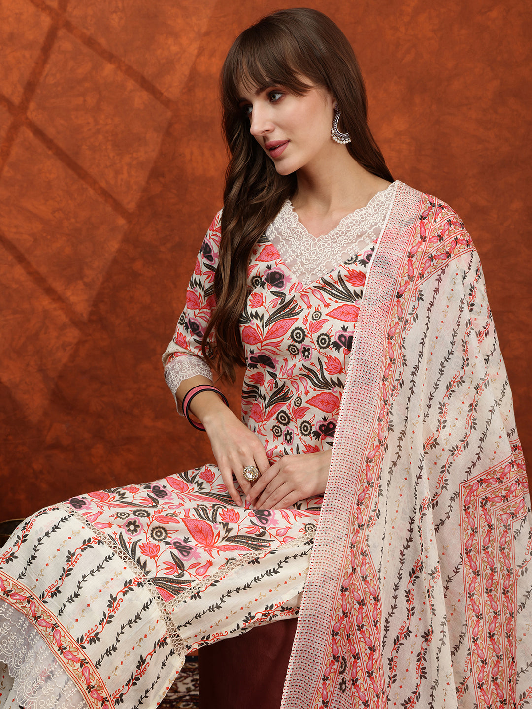 Lace Detailing & Printed Kurta With Pant & Dupatta, Pink - Hiral Fashion