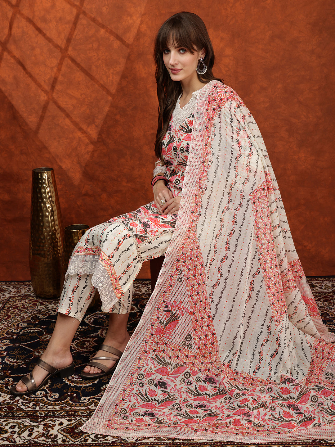 Lace Detailing & Printed Kurta With Pant & Dupatta, Pink - Hiral Fashion