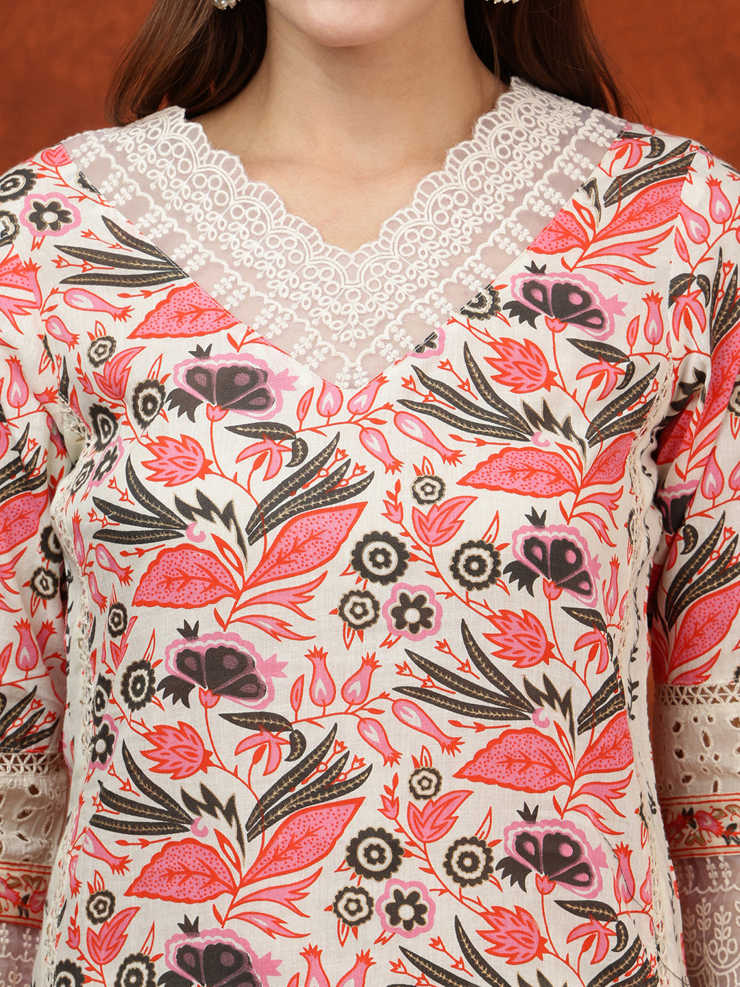 Lace Detailing & Printed Kurta With Pant & Dupatta, Pink - Hiral Fashion