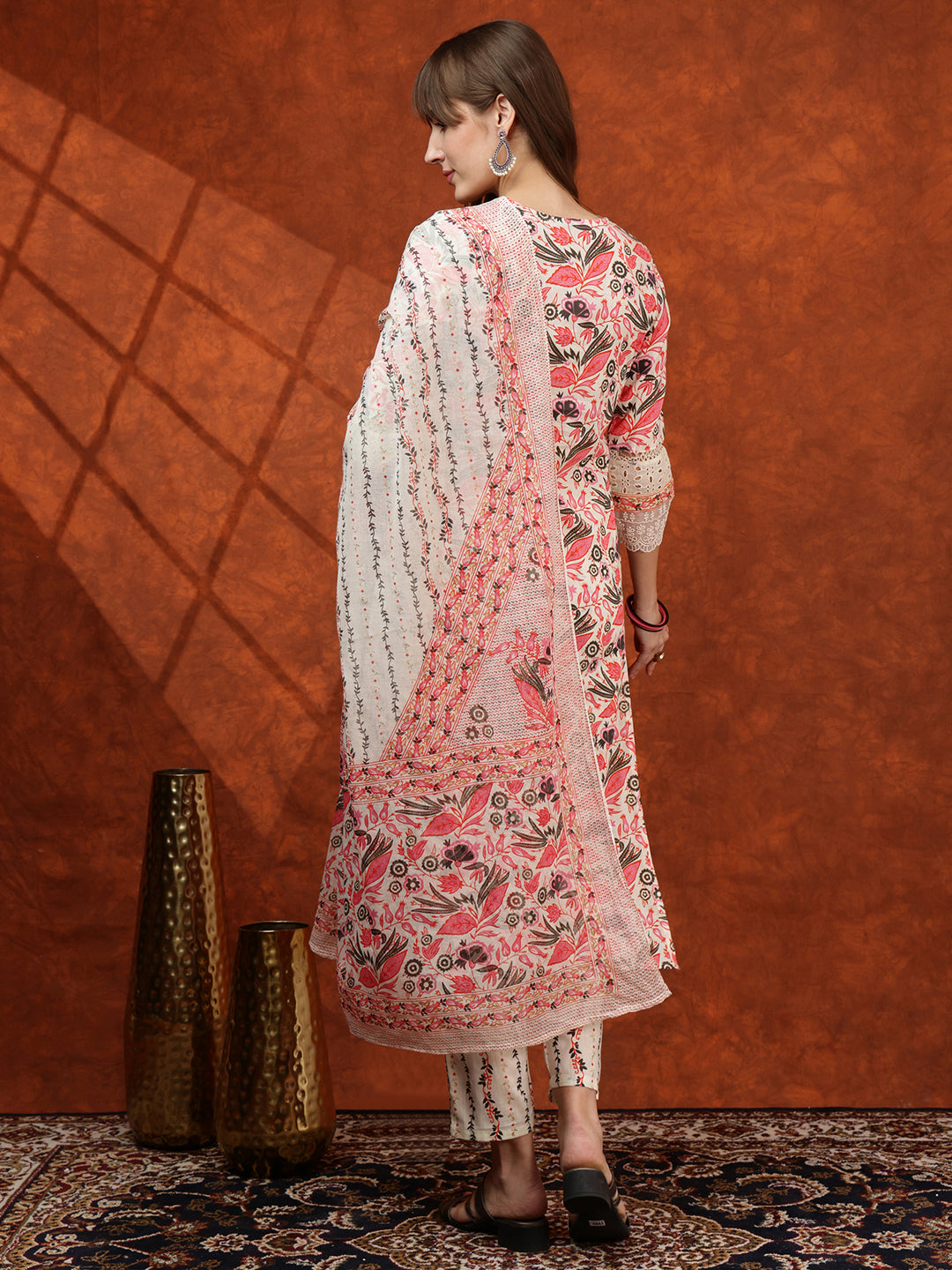 Lace Detailing & Printed Kurta With Pant & Dupatta, Pink - Hiral Fashion