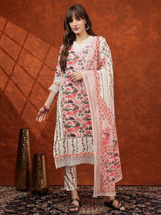 Lace Detailing & Printed Kurta With Pant & Dupatta, Pink - Hiral Fashion