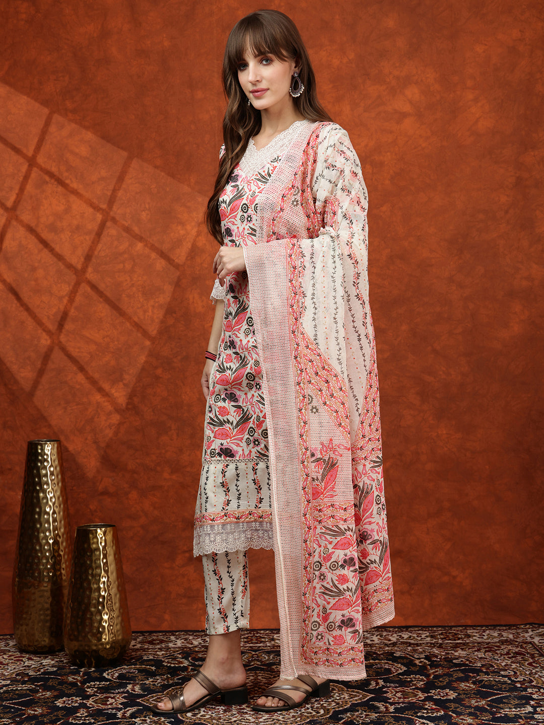 Lace Detailing & Printed Kurta With Pant & Dupatta, Pink - Hiral Fashion